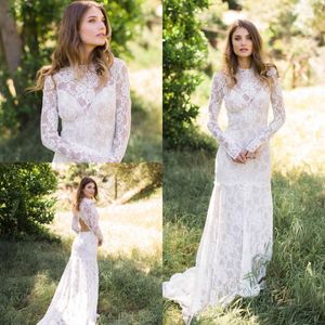 Modest Full Lace Country Suknie Ślubne Płaszcz Klejnot Neckline Illusion Długie Rękawy Mermaid Open Back Bohemian Garden Bridal Gown Plus Size