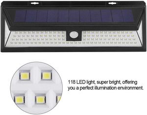 118 LED 1000LM Wasserdicht PIR Bewegungssensor Solar Gartenleuchte LED-Solarlampen für den Außenbereich 3 Modi Sicherheit Pooltür Solarleuchten