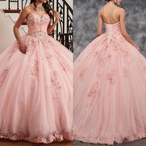 Adorável rosa quinceanera vestido vestido de baile sweetheart lace com beadings 2022 vestidos de festa para meninas 15 anos