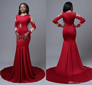 Elegant Afrikansk plusstorlek Röd Mermaid Prom Klänningar Långärmade Hög Neck Lace Appliqued Afton Kappa Formell Party Dress Robes de Soirée