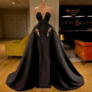 Sexy Black Satin Evening vestidos longos com trem Lace apliques Beads querido Overskirt Prom Dress Illusion celebridade Partido Vestidos