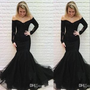 Nya Billiga Black Evening Dresses Wear Mermaid Off Shoulder Lace Appliques Beaded Sweep Train Plus Storlek Prom Klänningar Formell Party Gowns Custom