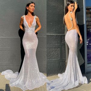 Modest New Arrival Mermaid Evening Dresses V Line Spaghetti Sequins Formal Dresses Backless Sweep Train Party Gowns