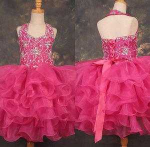 Прекрасный кекс малыша маленькие девочки Pageant платья бальные платья ruffles halter бисером органза цветок девушки первое общественное платье