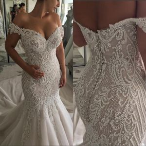 New Hot African Sexy Mermaid Wedding Dresses Off Shoulder 3D-Floral Appliques Beads Pearls Backless Sweep Train Plus Size Bridal Gowns