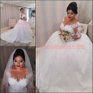 Vintage Long Sleeve Lace Wedding Dresses Tulle Applique Long Sleeve Plus Size Bride Ball Arabic Formal Bridal Dress Gown Vestido de novia