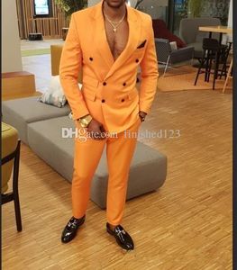 Klassisk stil Dubbelknäppt Orange Brudgum Smoking Peak Lapel Herr Kostymer 2 stycken Bröllop/bal/middagsblazer (jacka+byxor+slips) W779