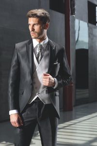 Charcoal Black Groom Tuxedos Peak Lapel Groomsmen Mens Wedding Dress Style Man Jacket Blazer 3 Piece Suit(Jacket+Pants+Vest+Tie) 864
