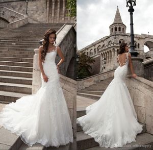 Einfache weiße, elegante Spitze-Meerjungfrau-Hochzeitskleider Puffy Neue rückenfreie, ärmellose Sweep-Zug-Brautkleider Vestido De Noiva Plus Size