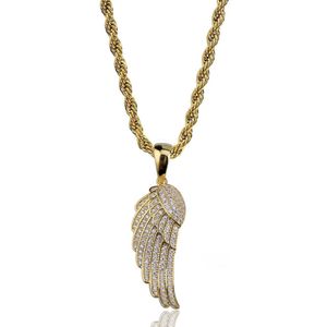 Mäns Angel Wing Feather Pendant Halsband Hip Hop Smycken Kvinnor Guldfärg Cubic Zircon med repkedja för mode