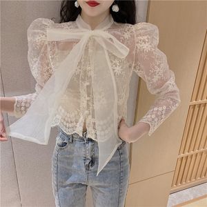 Primavera novo laço feminino gola de organza renda bordado floral perspectiva blusa de manga longa camisa e colete interno 2 peças tops