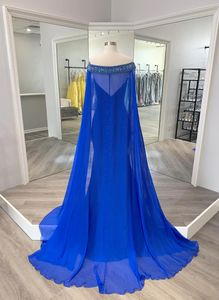 Miss Mrs Lady Pageant Dress 2023 Royal Blue Velvet Elegant Red Carpet Couture Gowns with Chiffon Cape Bead-work Shoulder Off the S306Y