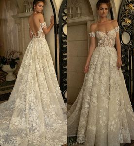 Berta Primavera 2024 Abiti da sposa con spalle scoperte Backless 3D Applique floreale Plus Size Paillettes Abiti da sposa da spiaggia A Line Robe De