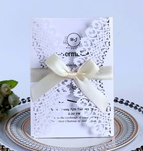 Laser Cut Wedding Invitations OEM Customized Hollow With Ribbon Folded Personalized Wedding Invitation Cards With Envelopes BW-HK75
