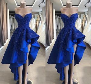 2019 New Arrival High Low Royal Blue Prom Dresses Sweetheart Lace Appliques Beaded Sleeveless Backless Plus Size Evening Dresses Party Gowns