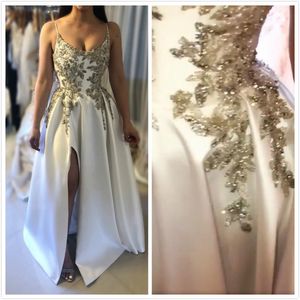 Aso Ebi 2020 Arabic Luxurious Sexy White Evening Beaded Crystals Prom Dresses High Split Formal Party Second Reception Gowns ZK55