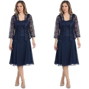 Abiti per la madre della sposa taglie forti in chiffon blu navy taglie forti con giacca Abiti da sera formali Lunghezza tè Abiti per la madre dello sposo