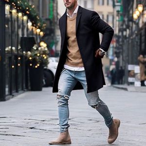 Outono inverno masculino lã mistura jaqueta casaco masculino casual sólido fino lapela pescoço casacos longo trench coat streetwear