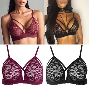 Women Sexy Crossing Bandage Crop Tops Floral Sheer Lace Bra Top Seamless Black Bralette Wireless bustier Tank Top Camis C18112701