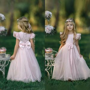 2020 Pink Girl Dresses Jewel Appliqued Sequins Tiered Bow Birthday Gown Sleeveless Ruffle Girl Pageant Gown