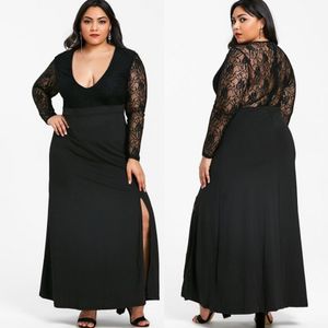 Tanie Koronki Plus Rozmiar Długie Rękawy Prom Dresses A Line Deep V Neck Suknia wieczorowa Kostka Długość Szyfonowa Side Split Formalna Suknia