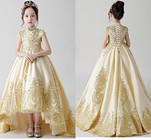 Girls Pageant Flower Girl Dresses Gold Applique Beads Crystal Draped High Collar Short Sleeve Hi-Lo A-Line Flower Girl Dresses First Holy
