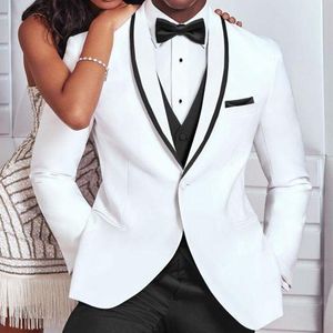 Custom Made Groomsmen White+Black Groom Tuxedos Shawl Lapel Men Suits Wedding Best Man Bridegroom (Jacket + Pants + Vest + Bow Tie) L363