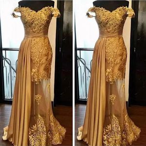 Gold Lace Dresses Evening Wear 2019 Off The Shoulder Applique Rhinestone Beaded Layers Skirt Vintage Evening Gowns Formal Prom Dre291a