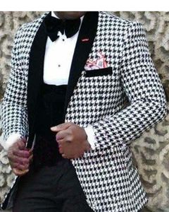 Houndstooth Damat Kıyafet Smokin Tepe Yaka Erkekler Düğün Smokin Moda Erkekler Ceket Blazer Genç Balo Yemeği Parti Takım Elbise (Ceket + Pantolon + Yelek + Kravat)