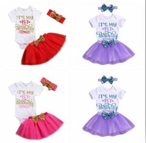 Baby Girl Clothes Kids Summer Casual Clothing Sets Short Sleeve Rompers Headband Skirts Suits Letter Jumpsuits Skirts Hairband Outfits B6100