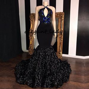 2019 Mermaid 3D rose Flowers Bottom Evening Gowns Sexy Keyhole Neck Shiny Sequins Applique Trumpet African Occasion Prom Dresses