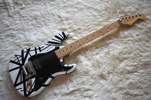 Fabriksanpassad vit elektrisk gitarr med svarta remsor, Floyd Rose, Chrome Hårdvara, Maple Neck, H Pickup, Hög kvalitet, kan anpassas