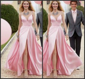 Eleganckie Długie Różowe Prom Dresses 2019 Kobiety Sexy Wysokie Szczur Satyna V Neck Sukienka Wieczorowa Backless Formalne Dresses Suknie Wieczorowe Robe de Soiree