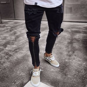 2020 Męskie Fajne Czarne Dżinsy Skinny Tattered Zipper Elastyczne Slim Fit Hip-Hop Ripped Spodnie Mężczyźni Plus Size Streetwear