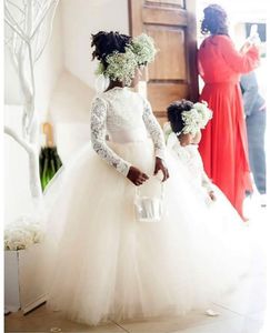 New Cute Flower Girls Dresses For Weddings Lace White Illusion Neck Long Sleeves Sashes Bow Party Birthday Dress Children Girl Pageant Gowns