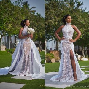 2020 Abiti da sposa vintage a sirena con collo alto e spacco laterale con strascico staccabile, applicazioni di pizzo di lusso plus size da sposa africana Gow341t