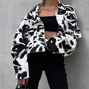 Women's Jackets Animal Print Denim Jacket Women White Black Coat Short Long Sleeve Button Pockets Jeans Crop Ladies Winter Fall