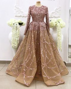 Arabic Line A Prom Dresses Long Sleeve Sequined Jewel Neck Evening Gowns Sweep Train Crystal Formal Party Pageant Dress