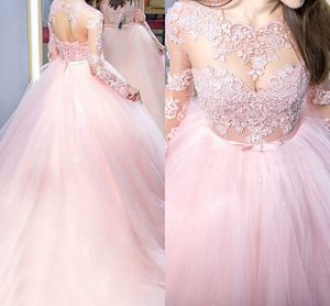 Rosa bollklänningar examen klänningar 2019 illusion långärmad spets smycken öppen ryggband prom klänning boll klänning kväll klänning formell fest
