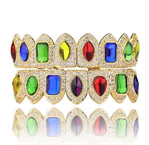 Colorful Shiny Teeth Grillz 14K Gold Plated Macro Pave CZ Iced-out Grillz Sets Top and Bottom Hip-hop Grillzs Bling Bling Custom Style for M