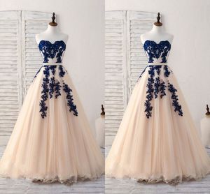 Navy Blue Applique Pearls Sashes Evening Dress Strapless Open Back A-line Evening Gowns Prom Dress Formal Party Dress For Special Occasion