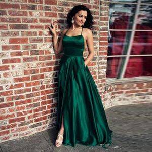 2020 Fashion Emerald Green Satin Evening Dress A-Line Sexy Backless Floor Lenght Long Prom Dress for Graduation Party Gown