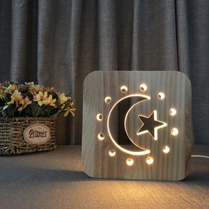 나무 달 별 램프 키즈 침실 머리맡의 밤 조명 따뜻한 단단한 나무 LED 테이블 램프 USB 전원 공급 장치 야간 조명 어린이 선물