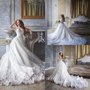 Spitze Ballkleid Brautkleider Perlenkunst Hals Monique Lhuillier Applizierte Brautkleider Sweep Train Langes Kleid für Braut