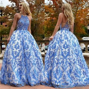 Blue Halter Prom Dresses Lace Applique A Line Sheer Neck Floor Length Tulle Custom Made Evening Gown Formal Party Wear