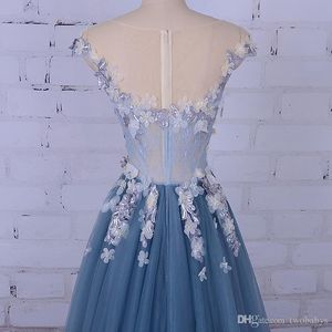 Party Evening Dress for Woman Scoop A-Line Decorated with Flower Tull Blue Prom Dress for Graduation vestido de festa 2019309v