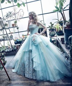 2019 Mint Green Ball Gown Quinceanera Dresses Tiered Embroidery Strapless Ruched Handmade Flowers Plus Size Sweet 15 16 Formal Prom Dress