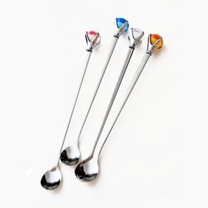 Fashion Diamond Handle Dessert Scoops 4pcs Gift Bar Tools Set Stainless Steel Cocktail Stirrers Coffee Tea Drink Mixer Spoons for Party Wedding