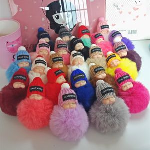 Cute Sleeping Baby Doll Keychain Pompom Rabbit Fur Ball Carabiner Key Chain Keyring Women Kids Key Holder Bag Pendant key ring kids toys