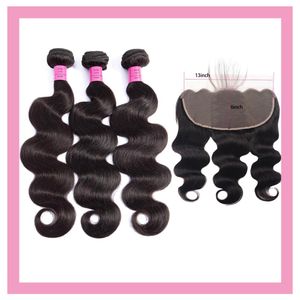 Brazilian Virgin Hair 3 Bundles With 13X6 Lace Frontal Pre Plucked Body Wave Hair Extensions 4PCS Cheap Remy Human Hair Wefts With Frontals
